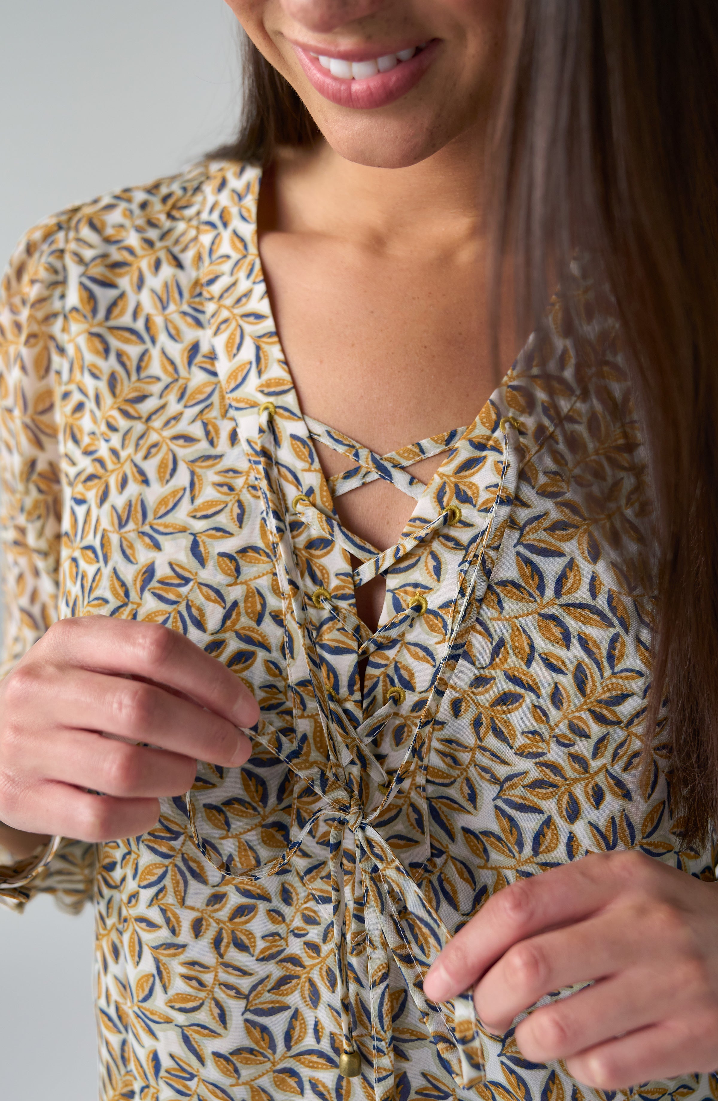 Long Sleeve Lace up Front Woven Blouse