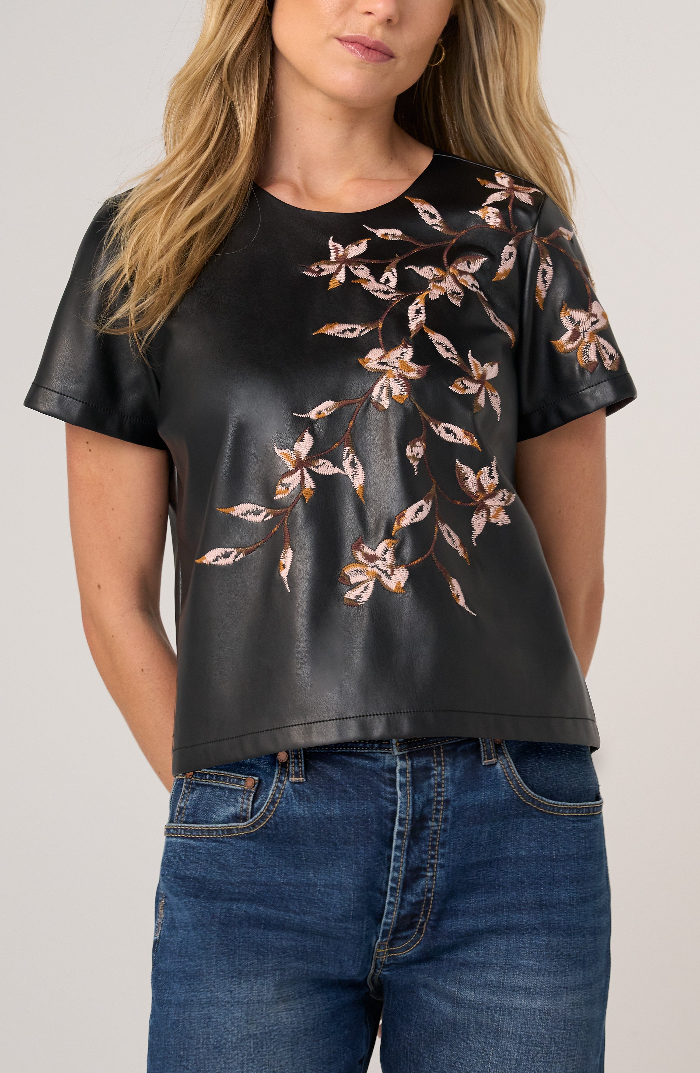 Crew Neck Faux Leather Tee