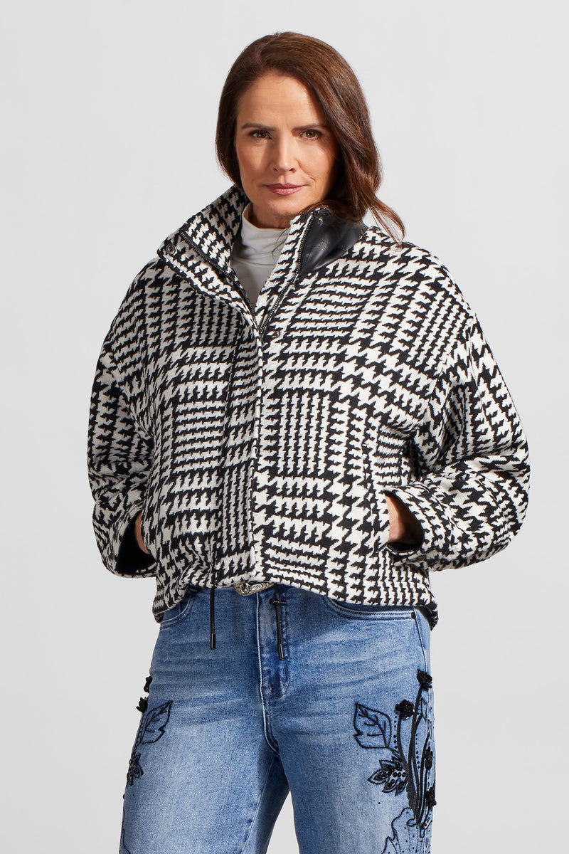 Houndstooth Shacket with Faux Leather Collar