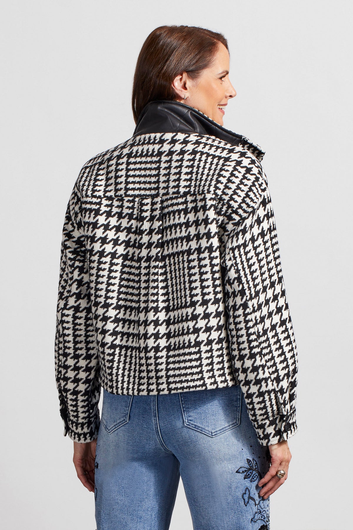 Houndstooth Shacket with Faux Leather Collar