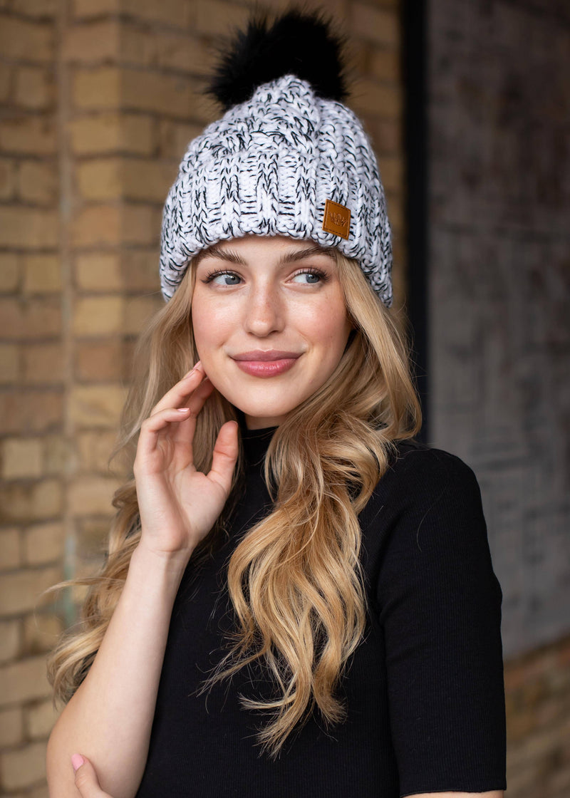 White/Black Marled Cable Knit Hat