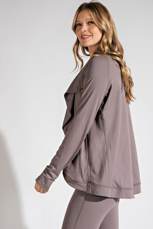 Asymmetric Jacket with Side Pockets and Cowl Neck Detail