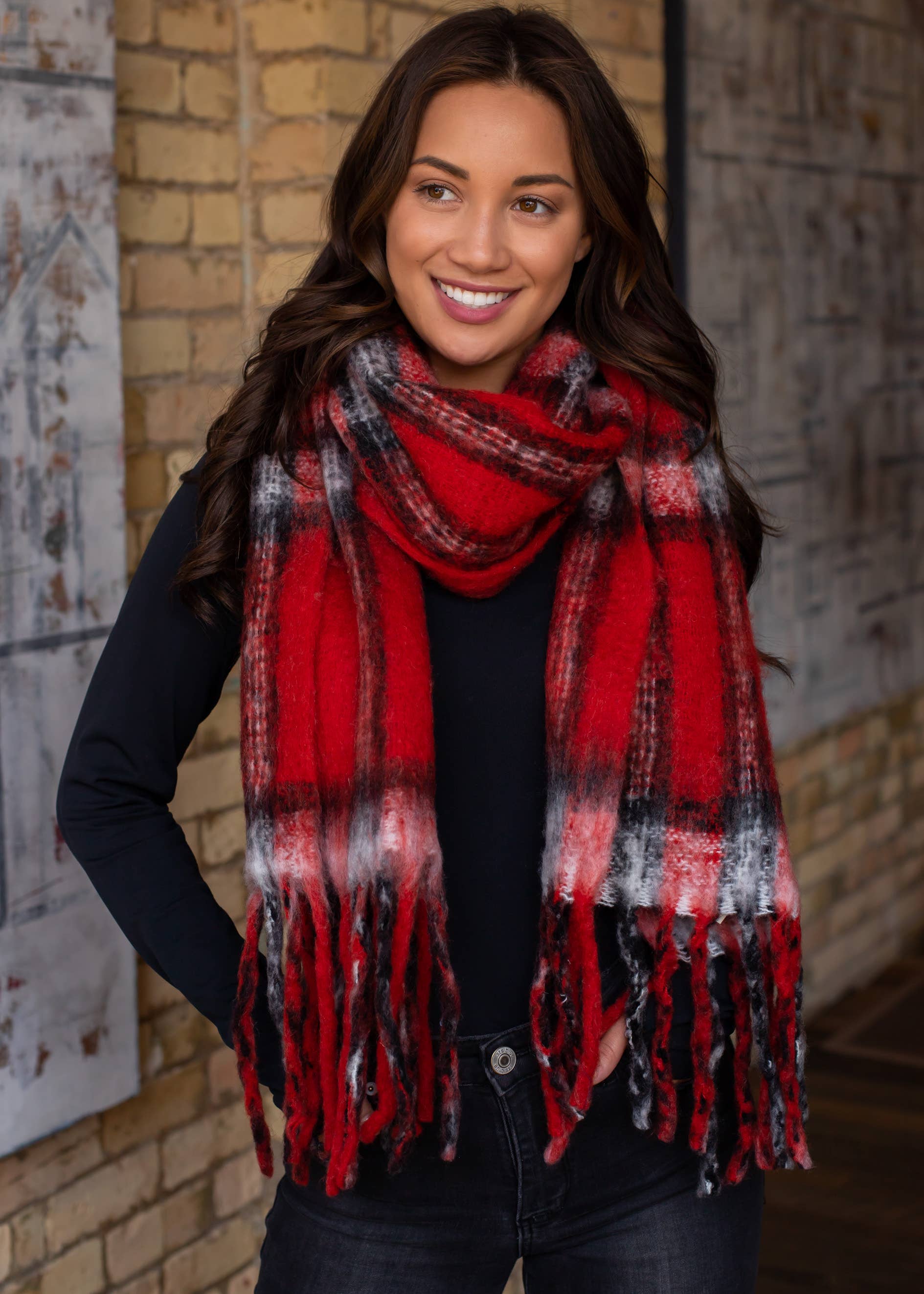 Red Plaid Scarf with Fringe