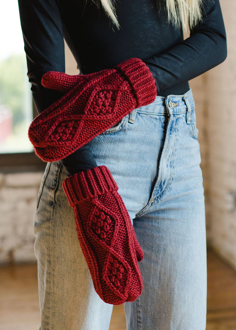 Dark Red Cable Knit Mittens