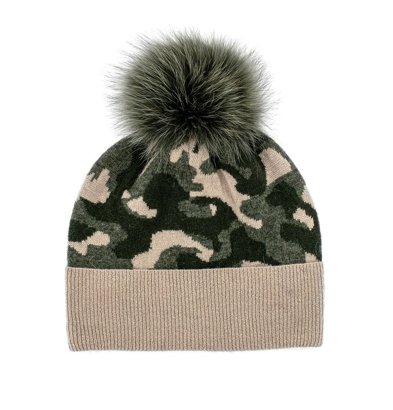 Beige Knit Camo Hat with Fox Pom