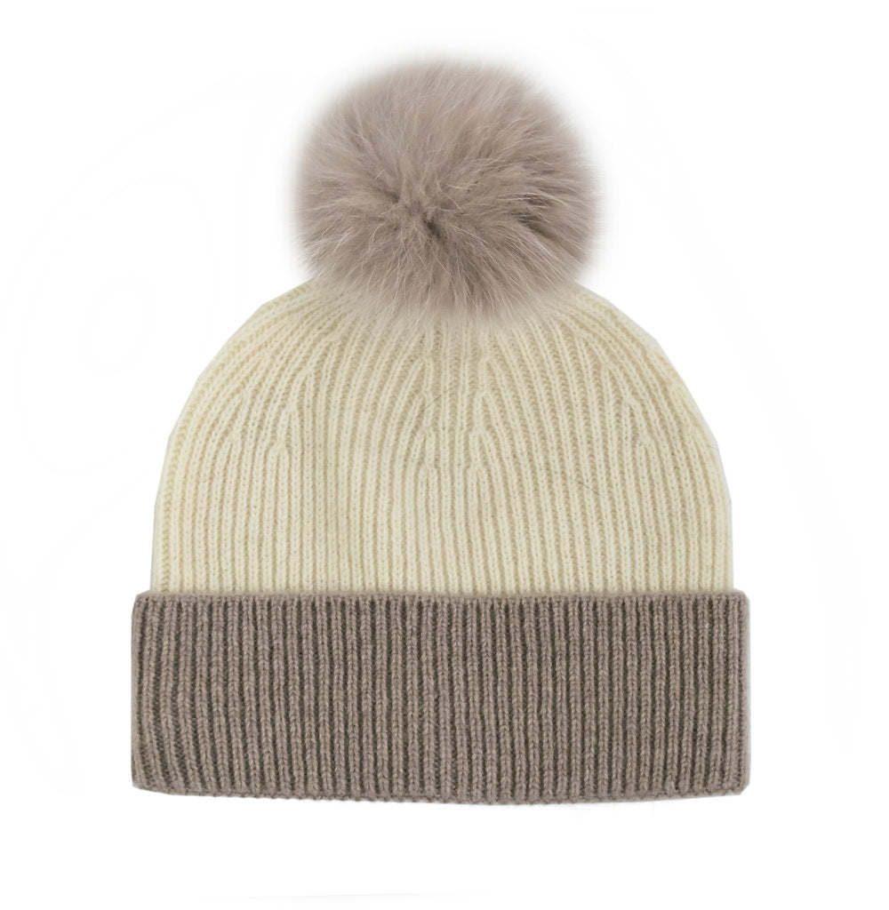 Ivory/Beige Knit Hat with Taupe Fox Pom
