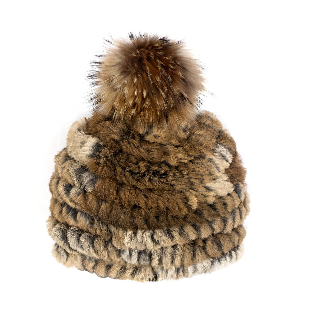 Knit Rabbit Fur Beanie with Raccoon Pom