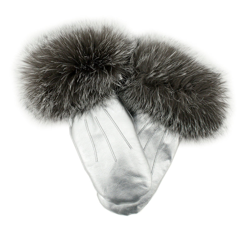 Silver Metallic Leather Mittens with Fox Fur Trim