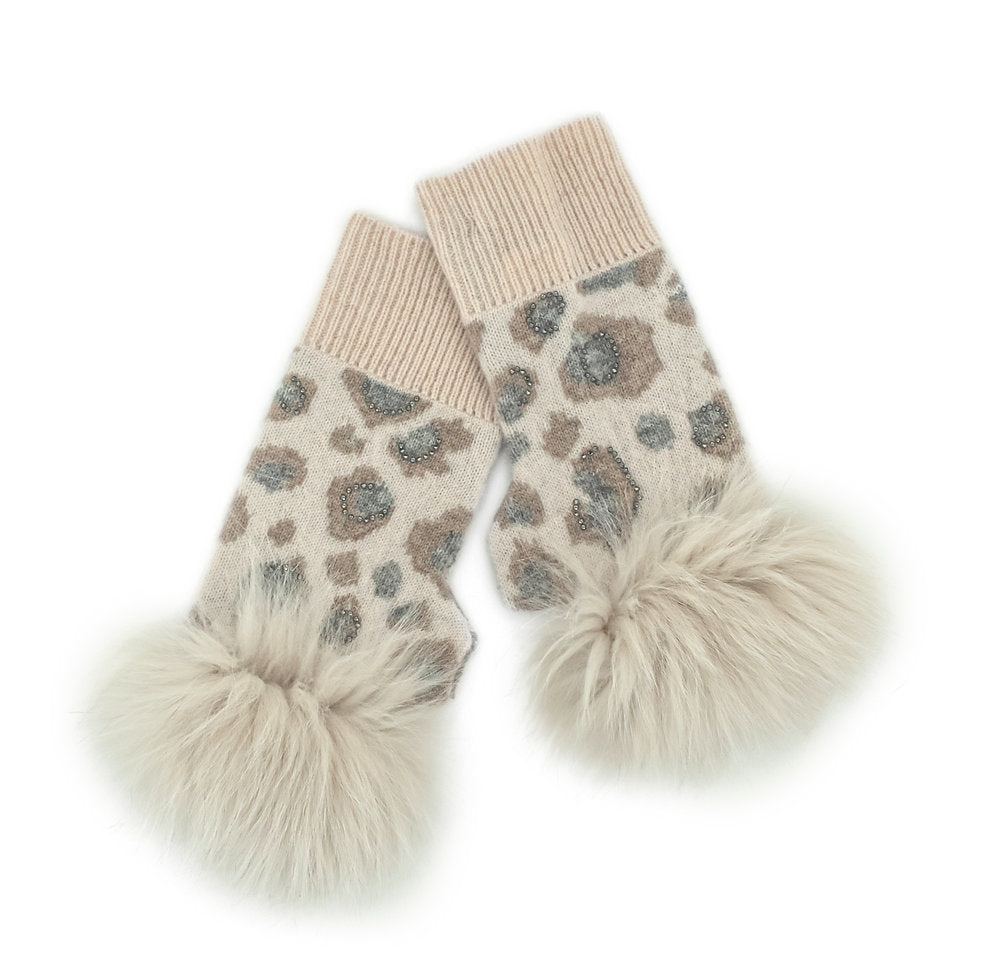 Pearl/Grey/Beige Animal Print Fingerless Gloves with Crystals and Fur