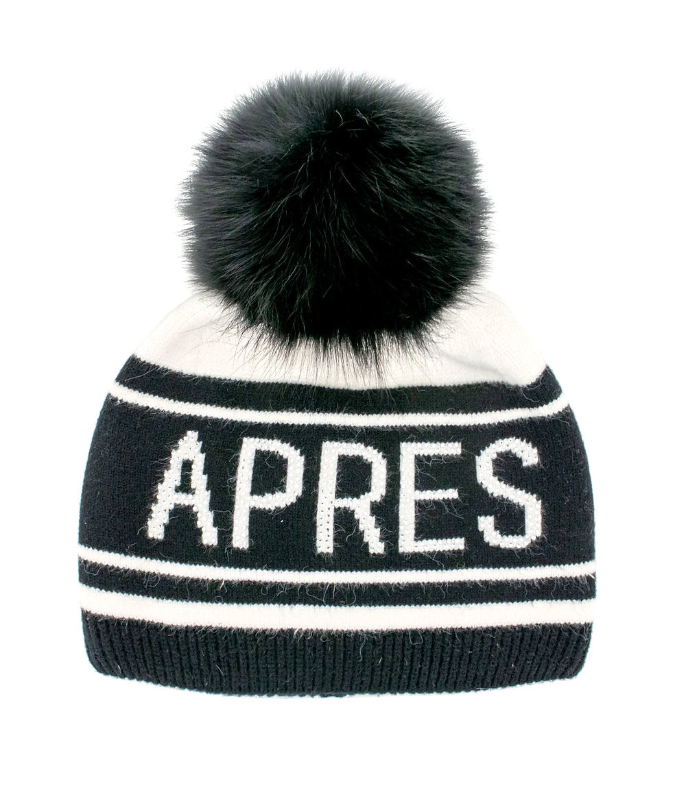 "APRES" Knit Hat with Fox Pom