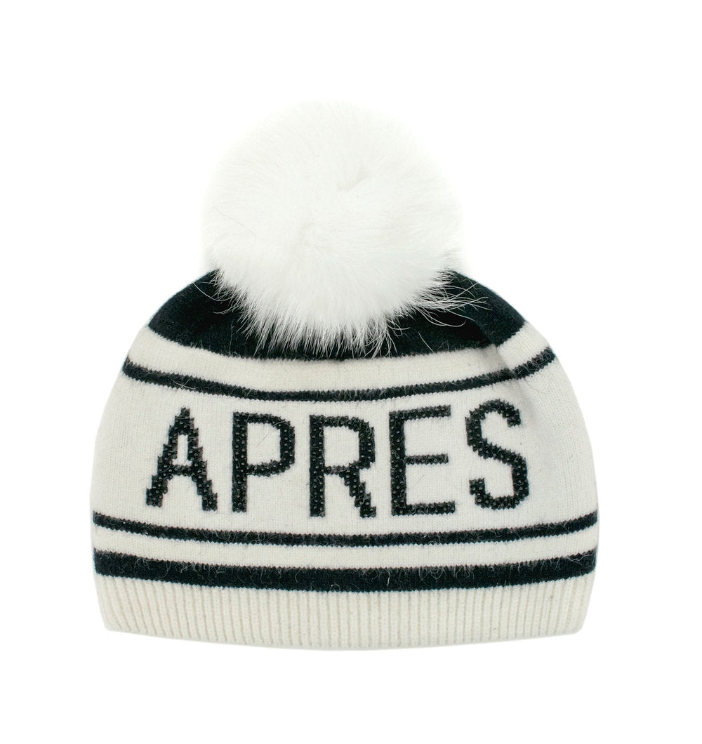 "APRES" Knit Hat with Fox Pom