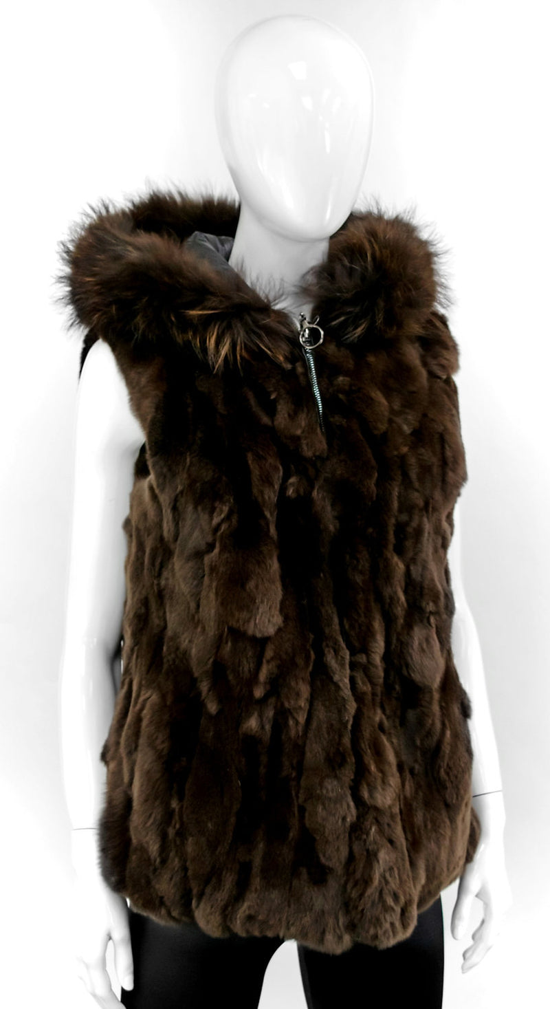 Reversible Nylon/Rabbit Fur Vest with Silver Fox Trim