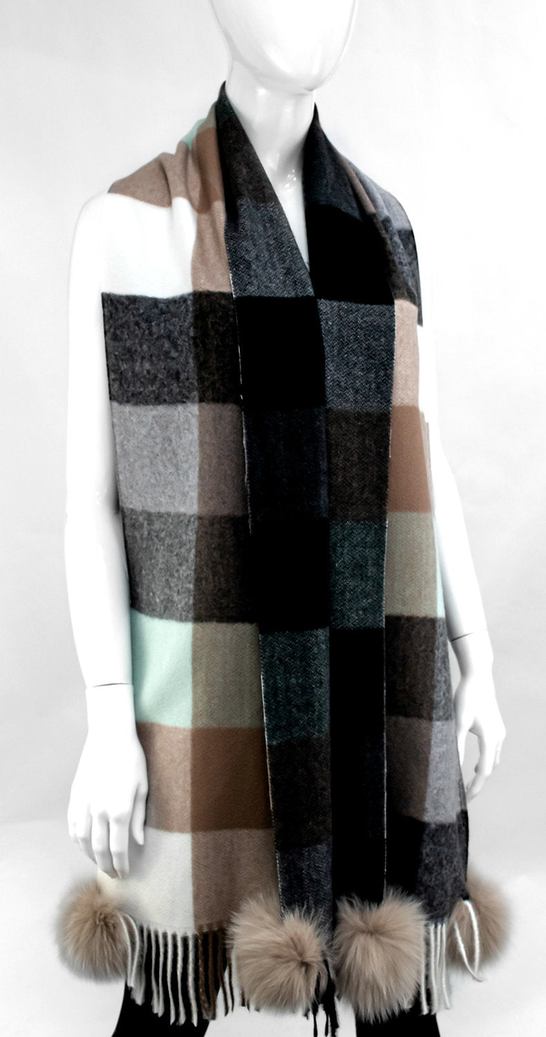 Turquoise Woven Color Block Scarf with Fox Poms