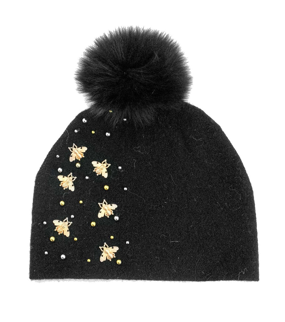 Knit Hat with Bees, Beads, + Fox Pom