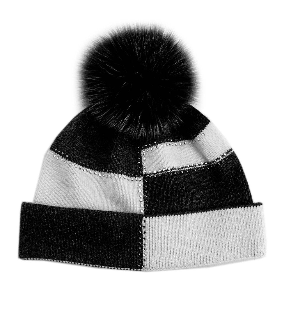 Black + White Checkerboard Hat with Sparkle Fox Pom