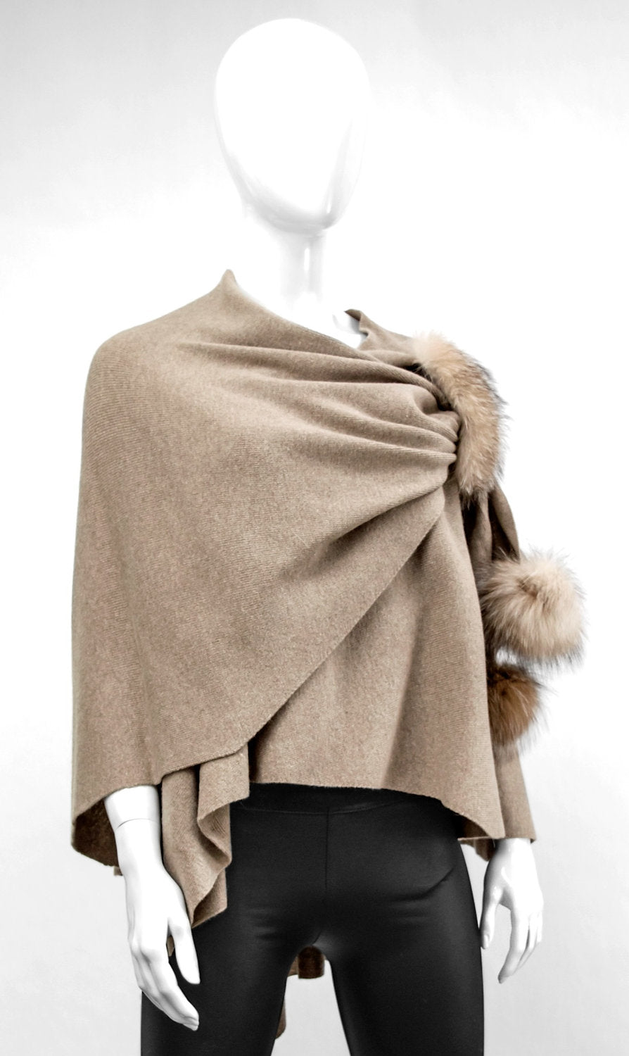 Beige Wool Wrap with Fur Pull-Through Loop