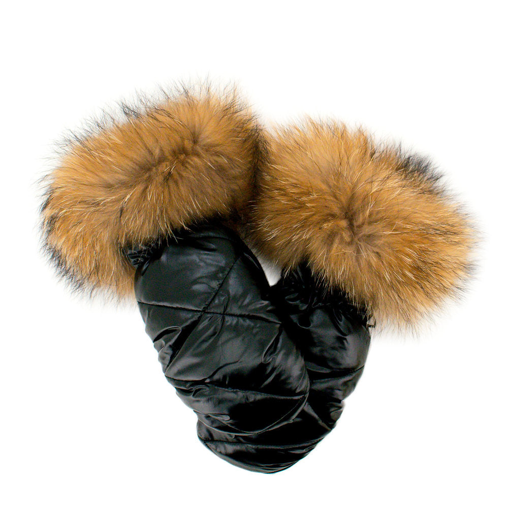 Nylon Mittens with Fur Trim