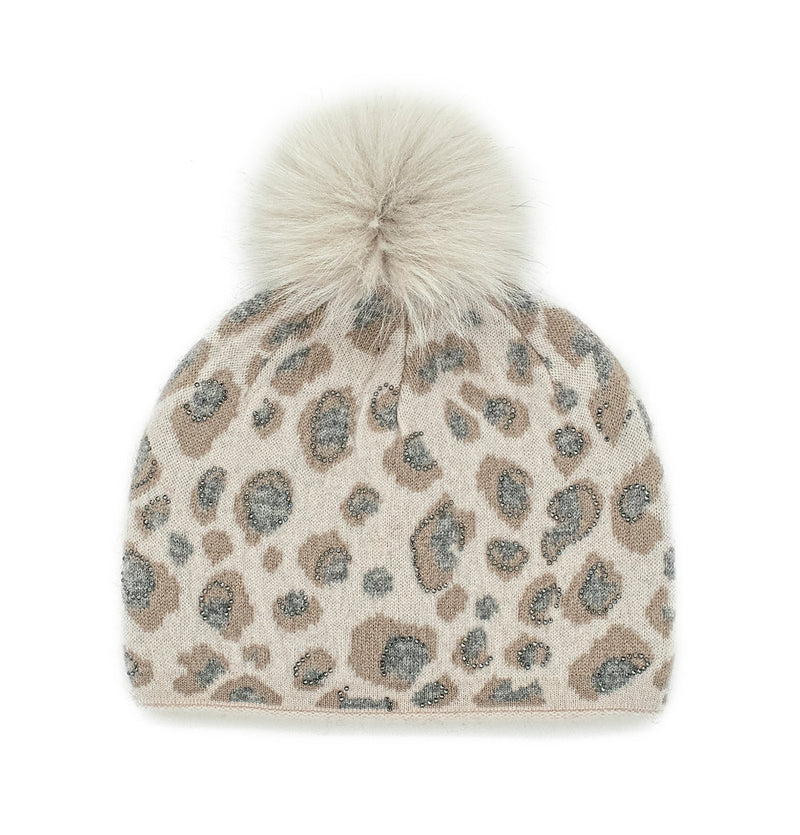 Pearl/Beige Animal Print Hat with Crystals and Fox Pom