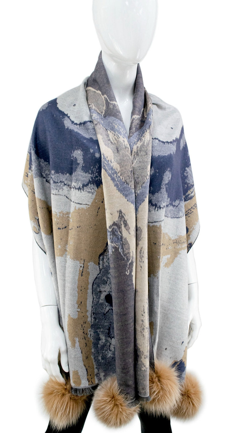 Taupe & Grey Woven Watercolor Scarf with Fox Poms