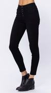 Jet Black Button Fly Hi Rise Skinny