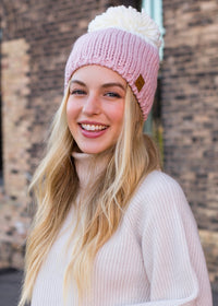 Pink/Ivory Color Block Pom Hat
