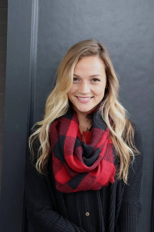 Red and Black Buffalo Plaid Infinity Scarf Fringe Detail