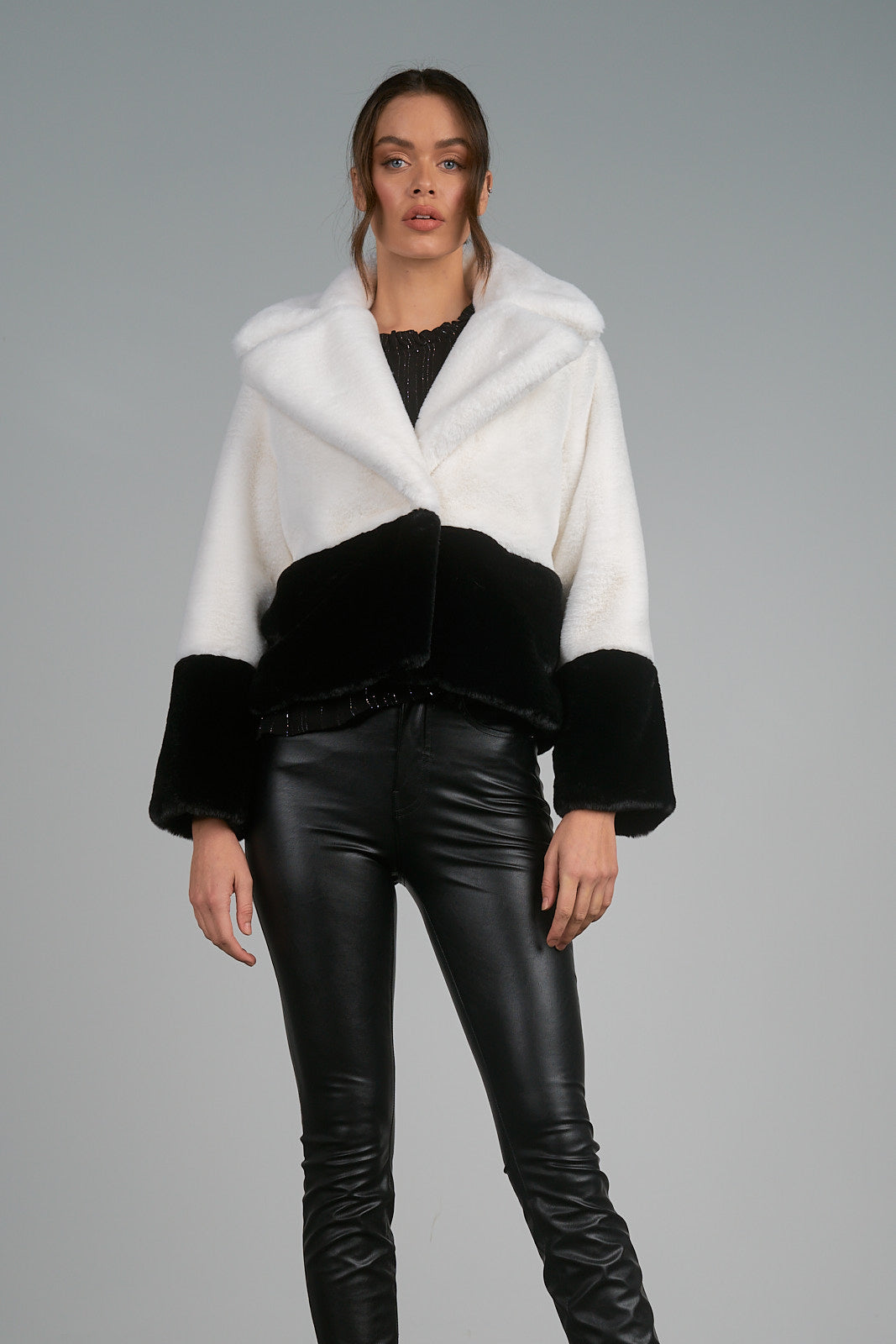Black & White Color Block Faux Fur Coat
